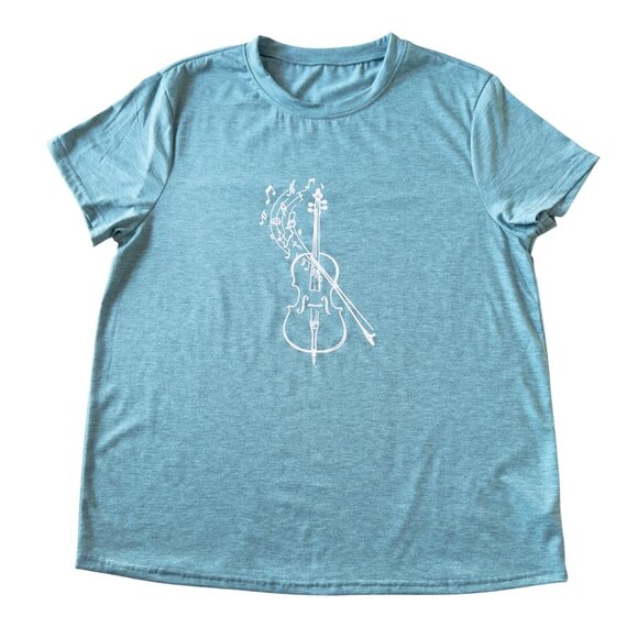 Violin Music Notes Graphic Tee Size XL Teal Short Sleeve Soft Stretch Calm Top - Picture 3 of 10